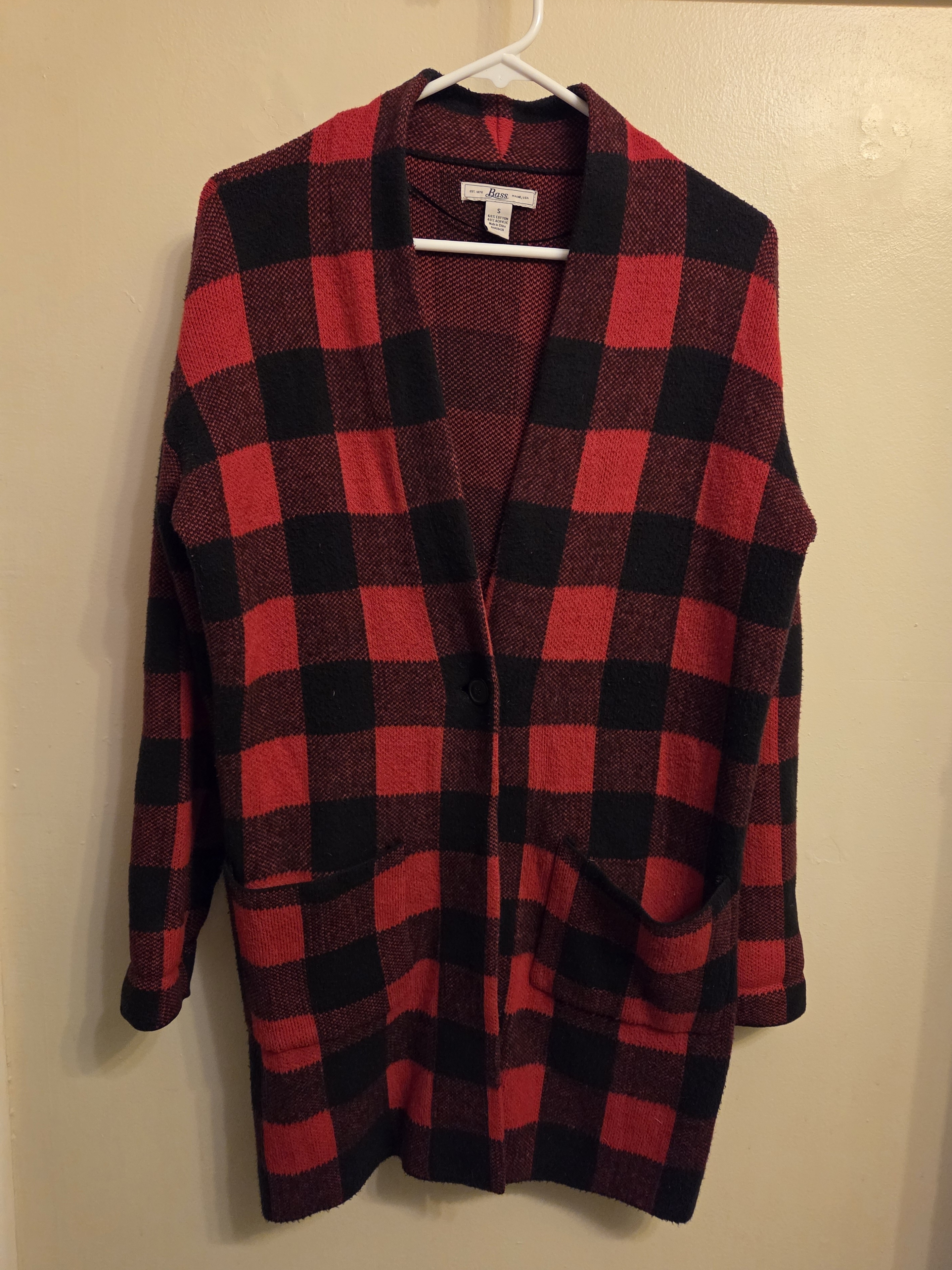 Bass Cabin Style Buffalo Plaid Open Front Knit Cardigan With Pockets - Small